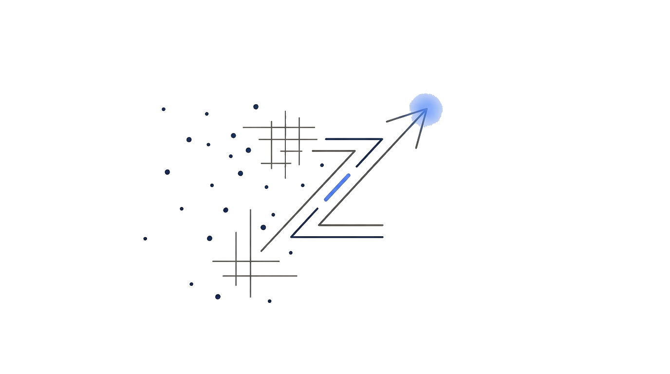 A thin charcoal Z resolving into an ascending arrow with one blue point.